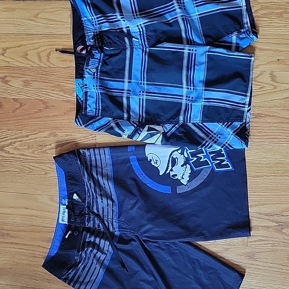 2 For The Price Of 1! Sizes 32 On Both. Men's Black and Blue Graphic Swim Shorts